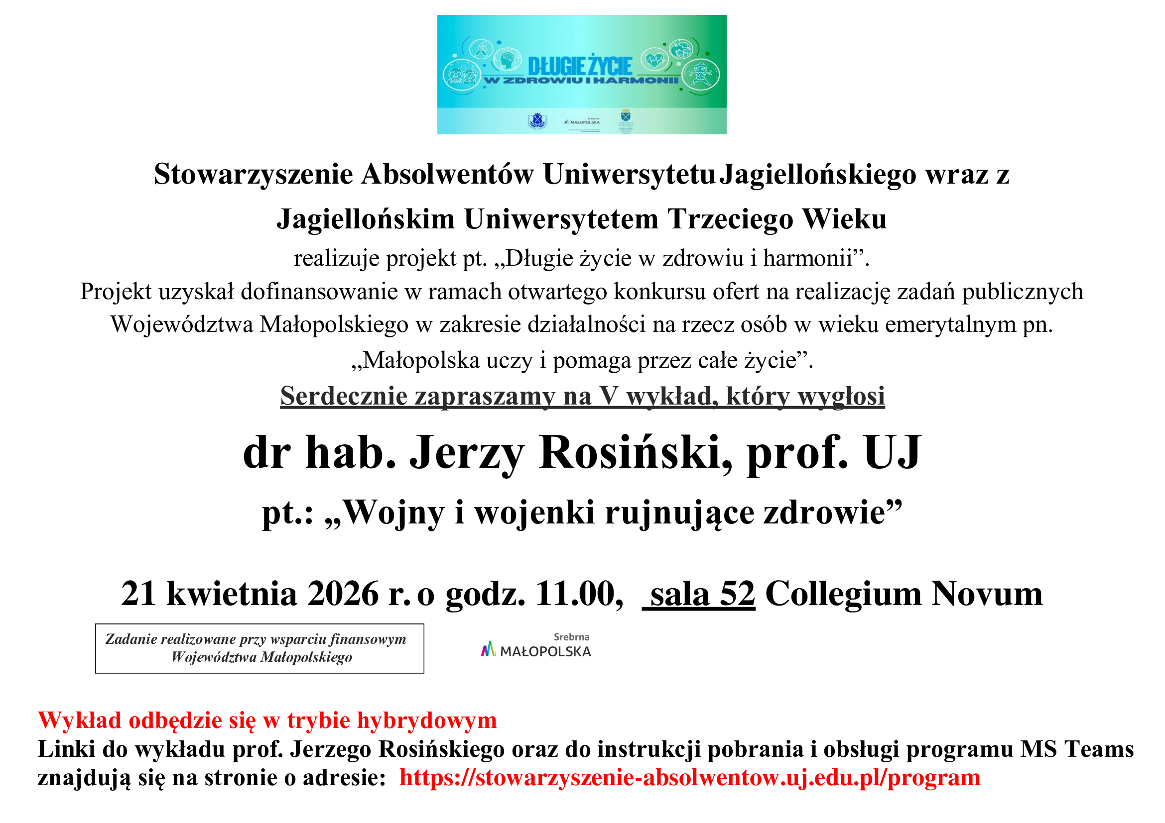 Afisz wykładu "Wojny i wojenki rujnujące zdrowie"