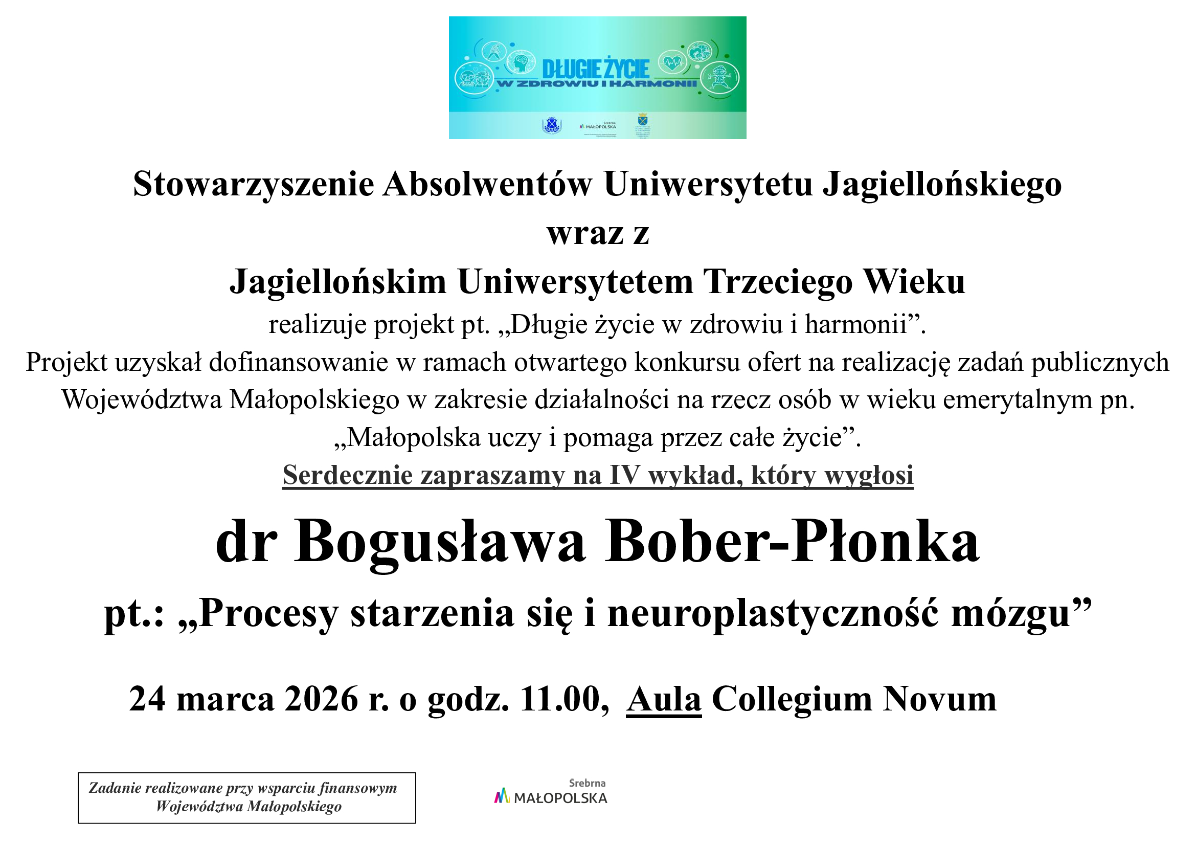 Afisz wykładu dr Bogusławy Bober-Płonki "Procesy starzenia się i neuroplastycznośc mózgu"